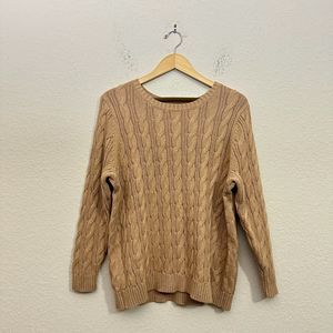 NWT LANDS' END Long Sleeve Cable Knit Crew Neck Pullover Sweater in Tan